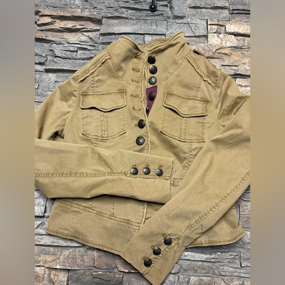Free People Military-Style Khaki Jacket with Burgundy Trim - Picture 3 of 13